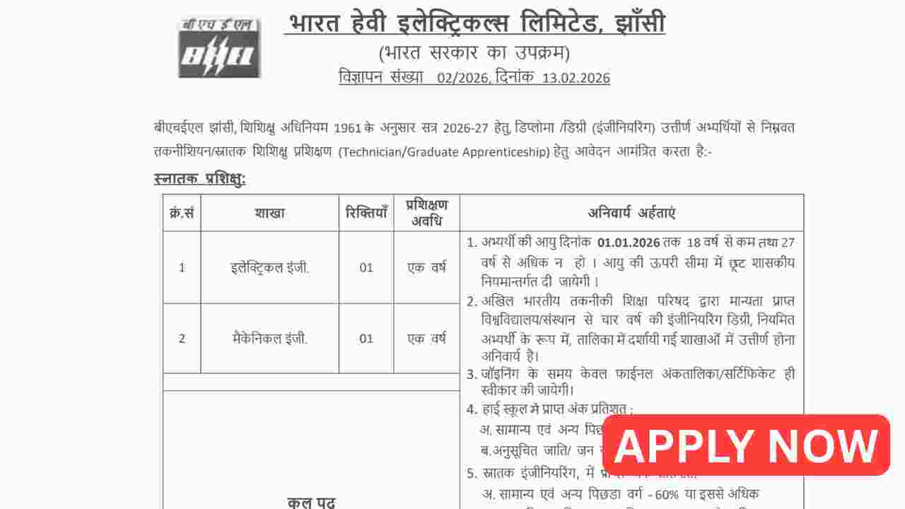 BHEL Jhansi Apprentice Recruitment 2026