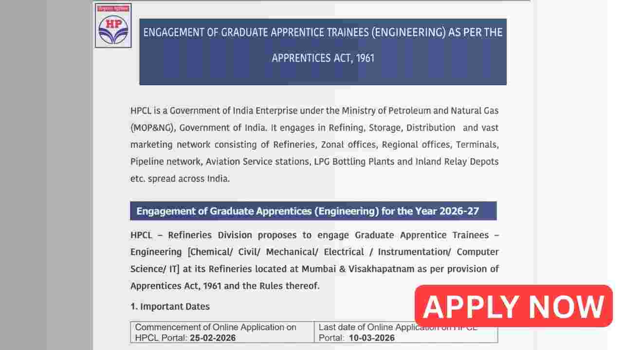 HPCL Graduate Apprentice Trainees Recruitment 2026