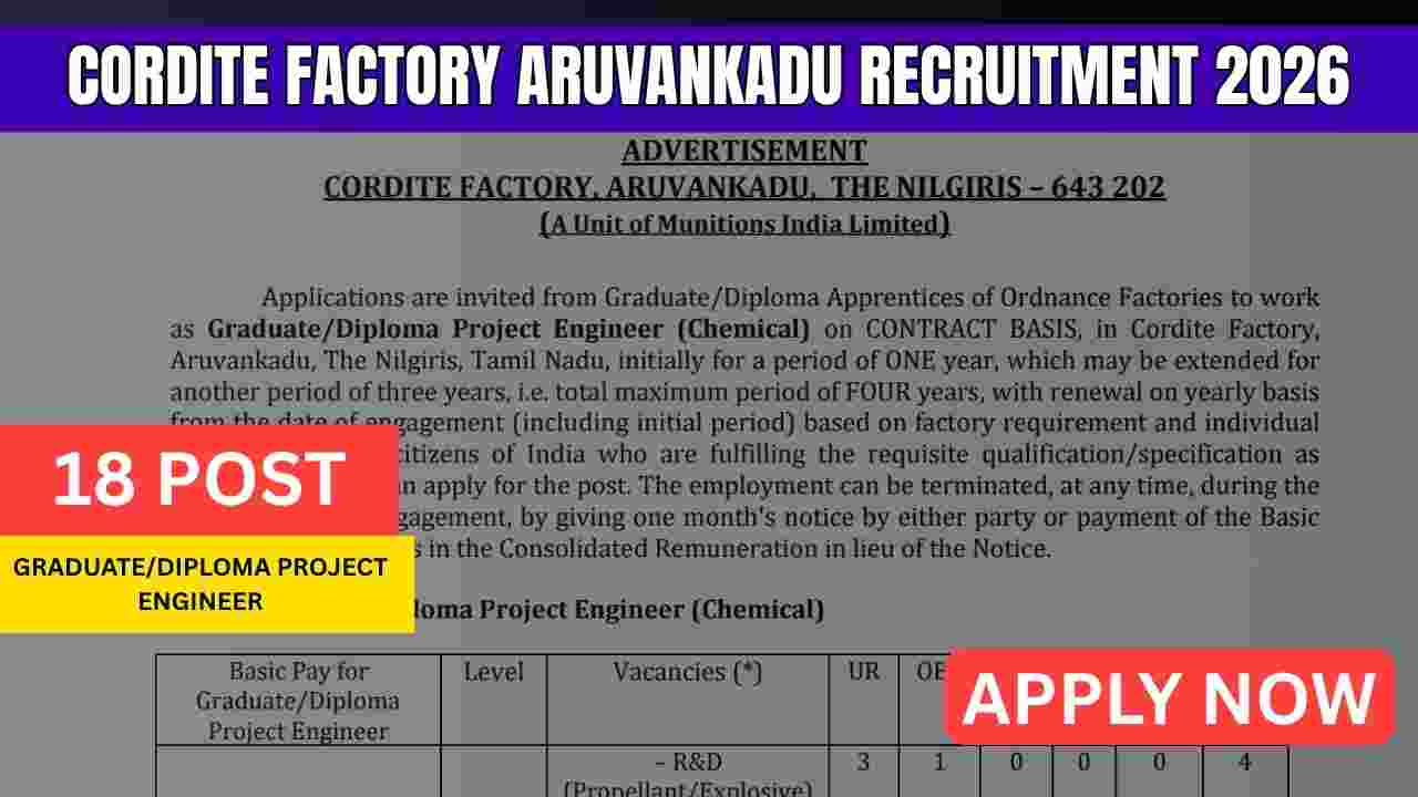 Cordite Factory Aruvankadu Recruitment 2026