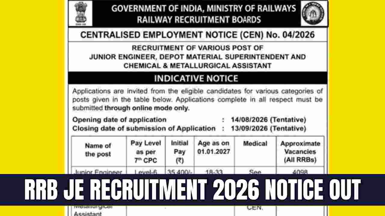 RRB JE Recruitment 2026 Notice Out