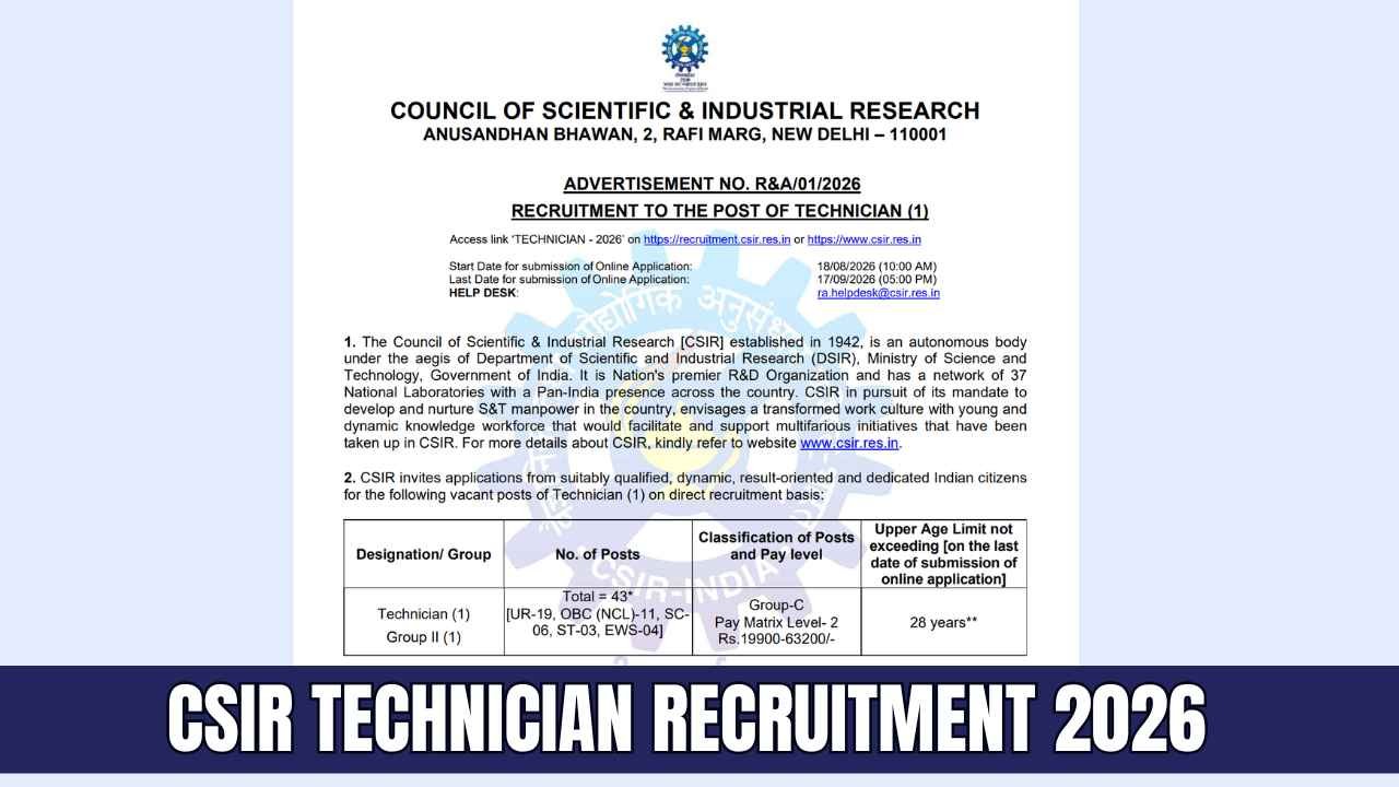 CSIR Technician Recruitment 2026