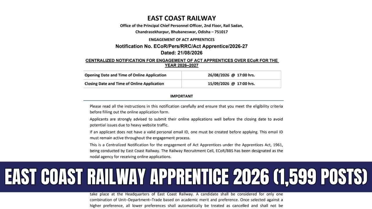 East Coast Railway Apprentice Recruitment 2026