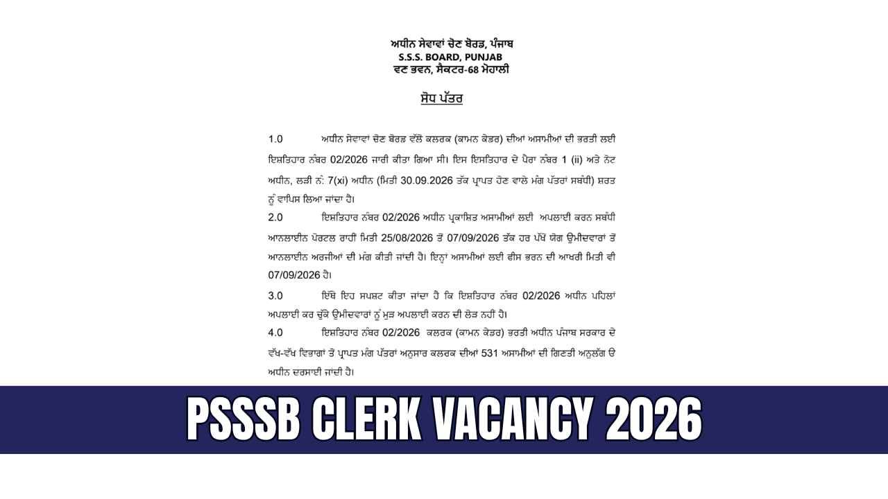 PSSSB Clerk Vacancy 2026