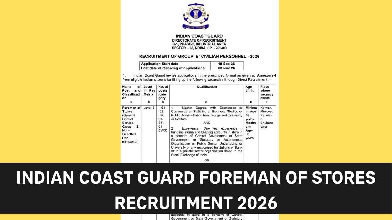 Indian Coast Guard Foreman of Stores Recruitment 2026